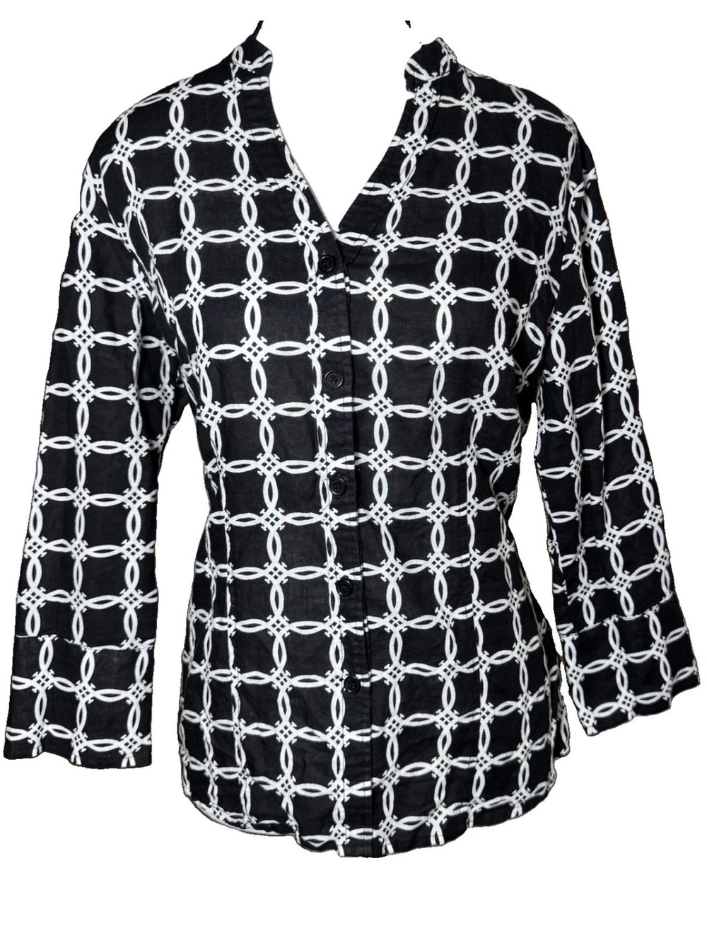 Harvé Benard Button Blouse Linen Cotton 3/4 Sleeve M Black White V-Neck Office